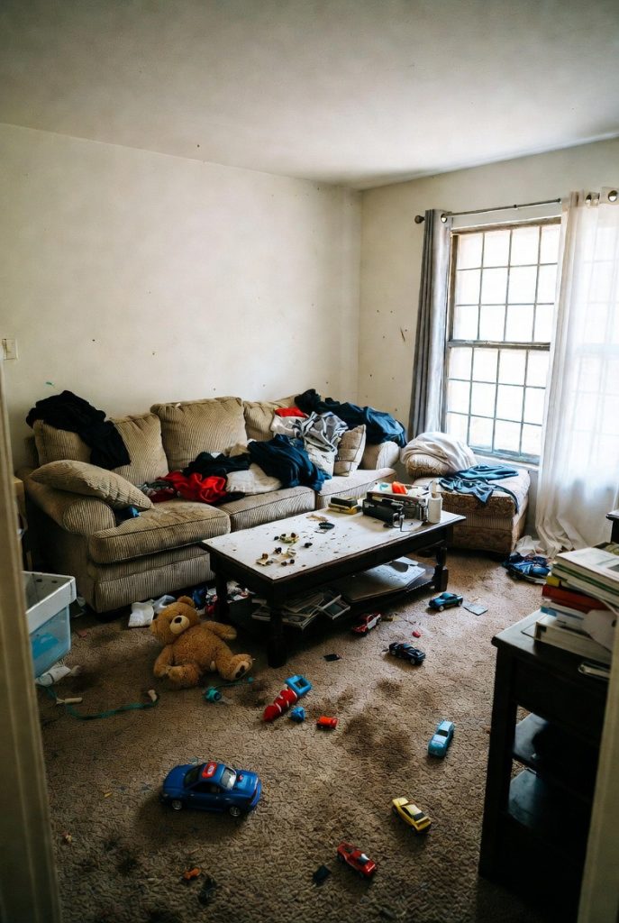 Before house cleaning - Cluttered and dusty living room in Coral Springs FL