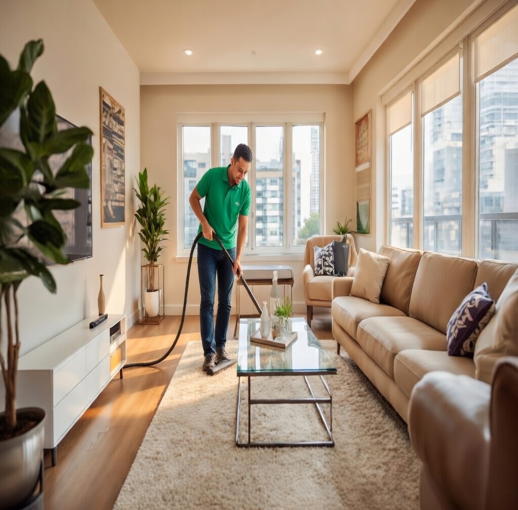 Living room deep cleaning in progress with professional cleaner vacuuming carpets and sofas in Coral Springs FL