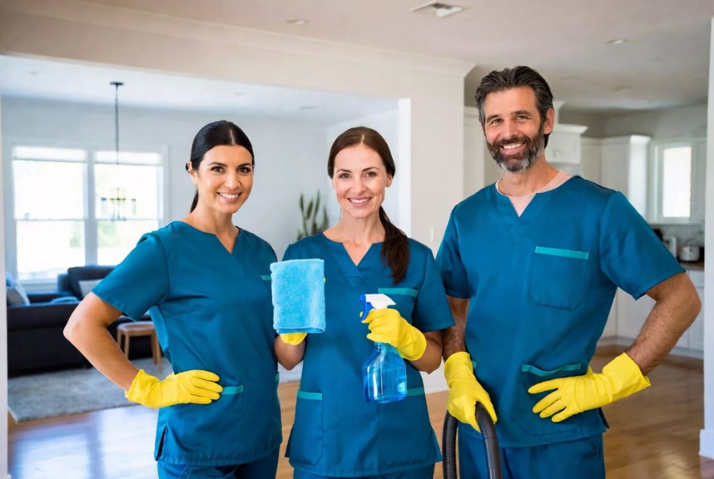 Trusted team of professional house cleaners in Coral Springs FL wearing blue uniforms and yellow gloves